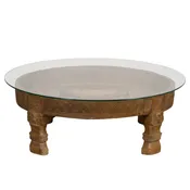 1920s Indian Antique Chakki Grinding Table with Hand-Carved Geometric Décor