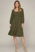 Balloon Sleeve Midi Dress- Olive