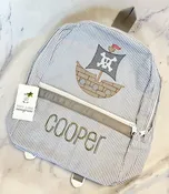 Gray Seersucker Large Backpack with Pirate Ship- Sketch Design Series