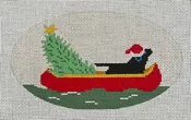 BLACK LAB IN CANOE WITH CHRISTMAS TREE