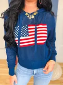 American Flag Open Stitch Knit Hoodie - Navy