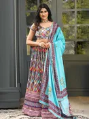 Aqua Blue Embroidered Satin Semi Stitched Blouse Lehenga & Dupatta