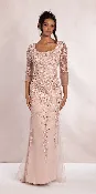 3/4 Sleeve Mesh Embroidered Column Dress with Heat Set Beads