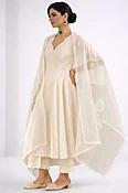 Chanderi Silk White Trouser Suit with Thread Work for Eid