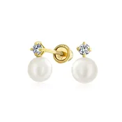 14K Gold Tiny White Freshwater Cultured Pearl Stud Earrings CZ Accent