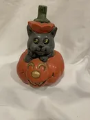 Vintage Halloween Figure Of Pumpkin With Cat Both Goofy Faces