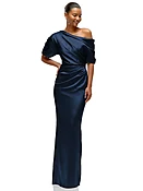 Asymmetrical Off-the-Shoulder Pleated Satin Maxi Dress
