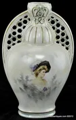 1907 Philip Bordeau Pierced Handle Austria Lady Black Hat Portrait Vase Lady 10"