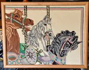 3 Carousel Horse Needlepoint, gold threaded, Framed  14x18