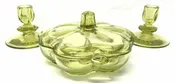 4 pc Duncan &amp; Miller Canterbury 1930s Chartreuse Candy Dish, Lid, 2 Candlesticks