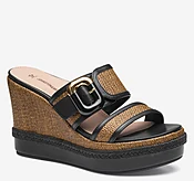 Addison Buckle-Strap Wedge - Cognac Raffia/Black Nappa Leather