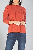 3/4 Sleeve Patched Tee With Frayed Seams
