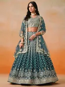 Aqua-Blue Georgette Embroidered Semi Stitched Lehenga Choli with Dupatta