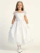 202 Girls White First Communion Dress w/ Embroidered Tulle & Sequins