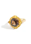14K Gold Plated 925 Sterling Silver Smoky Quartz & Citrine Floral Cluster Statement Ring
