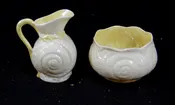 c1965-81 Belleek Toy Shell Creamer Open Sugar Bowl Yellow Pearl 3rd Green Mark