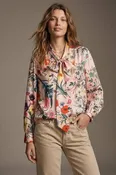 Light Pink Floral Print Satin  Bow Long Sleeve Blouse