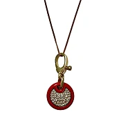 14K Gold Necklace with Diamond Embellished Disc Pendant with Red Enamel Trim