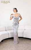 241GL2642 V-Line Off-Shoulder Tulle Silver Column Evening Dress