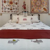 Hand Embroidered Kantha Fine Bird Coverlet Queen India