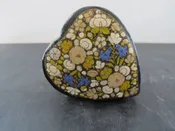 Box Heart Shaped Papier Mache Covered in Handpainted Flowers Jewelry Box 1960s