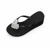 Crystal Heart - Rhinestone High Heeled Wedge Flip Flops Womens Embellished Sandals