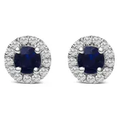 10k White Gold 3.25mm X 3.25mm Round Blue Sapphire And 1/10 Cttw Diamond Halo Stud Earrings (i-j Color, I1-i2 Clarity)