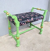 Antique Bench with Vintage Fabric, Green + Gold Accenting — Silk & Sage Design Studio