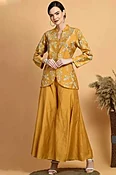 Chanderi Silk Mustard Yellow Trouser Suit with Zari Work for Parties
