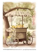 A4 Lemonade Stand Rice Paper DC186, Decoupage Summer Theme, Vintage Lemon Cart under Tree, Park Flowers, Yellow, Ideal for Tray or Frame