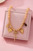 Beige Beaded Bow Heart Rhinestone Charm Necklace