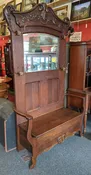 Antique Oak Entryway Hall Bench | Early 1900s | Scroll Work | Coat Hat Accessory Tree | Beveled Mirror | Storage | 23070