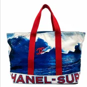 2000s Chanel Surf Line Blue Wave Canvas Tote XL
