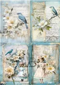 A4 Blue Bird Quad Rice Paper ID-89, Vintage-inspired Rice Paper, Spring Summer Crafts, Bird and Dogwood Blossom Design DIY Gift Wrap Decor