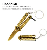 Mini Butterfly Knife Keychain Gold Stainless-Steel Blade & Handle w/Texture SKU 105XSVGD