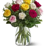 Dozen Mixed Colored Roses with greenery