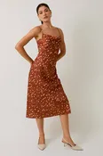 Anne Cowl Neck Slip Midi Dress in Brown and White Animal Print