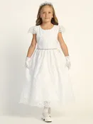207 Girls White First Communion Dress w/ Corded Tulle & Sequins