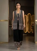 Boho Glamour | Black Ajrakh Indowestern Jacket Set with Mirrorwork | Palkhi Fashion