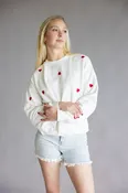 1897 Active Embroidered Hearts Fleece Sweatshirt for Women in Ivory/Red | T979-IVORYRED