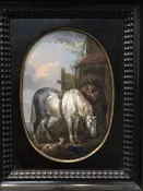 17th - 18th Century Flemish Genre Man with his Horse & Dog  Painting On Copper