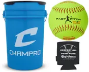 CHAMPRO CSB5DYN Durahide Cover 12″ NFHS Game Softballs in a Blue Bucket – 18 Balls