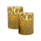 Battery-Operated LED Glass Candles with Flickering Flame, Gold Jacquard - Set of 2