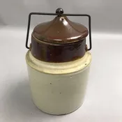 Antique 1-Gallon Stoneware Weir Jar 2-Tone Crock Lid Metal Bail Handle 1890s (9")
