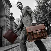 Aaron Leather Goods leather Briefcase & Organizer Combo- Brown