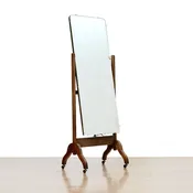 1920s English Walnut Floor Standing Cheval Mirror