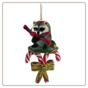 Raccoon on Candy Cane Ornament
