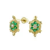 14k Gold Pave CZ Tiny Nautical Green Turtle Stud Earrings Screw Back