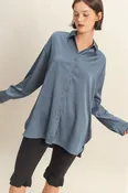 Blue Satin Button Down Top