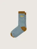 Azurblaue gerippte Socken mit braunen Details und gelbem Logo